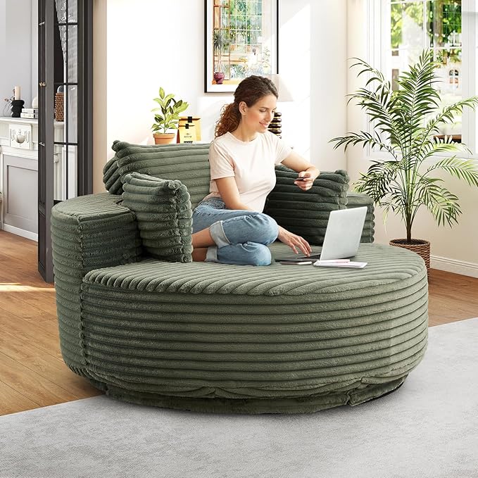 360-Degree Oversized Swivel Chair, Modern Round Circle Corduroy Comfy Deep Seat Swivel Accent Chaise Lounge Sofa Chair with Back Cushion & 2 Throw Pillows for Living Room Bedroom Office, Green