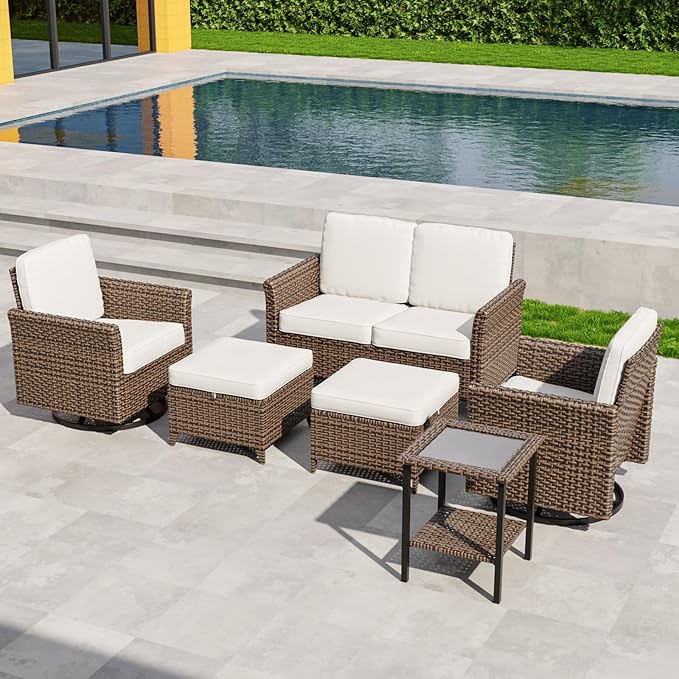 COOS BAY Harbor Retreat 6 Piece Outdoor Furniture Set, Patio Conversation Set with Swivel Rocking Chairs, 2 Seat Loveseat, Side Table and Ottomans, Wicker Furniture, Brown/Beige