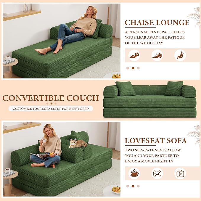 77" Convertible Sofa Bed, Modular Folding Futon Corduroy Floor Foam Compressed Loveseat Sleeper Sofa Couch, Pull Out Queen Size Couch Bed with 2 Pillows for Living Room Guest Room Studio, Dark Green
