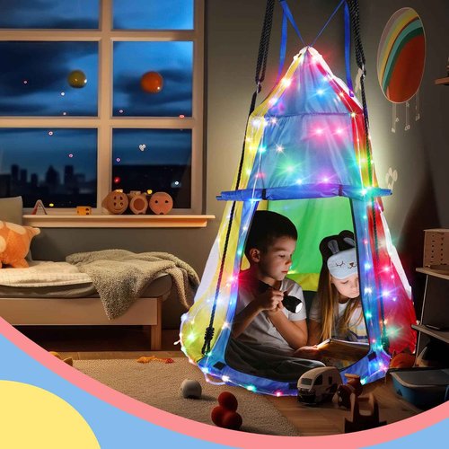 Liliful 39 Inch Kids Hanging Tent Saucer Swing with LED Lights, 600 LBS Capacity Outdoor Saucer Tree Swing, Detachable Tree Swing Tent for Kids Adults Indoor Outdoor Backyard