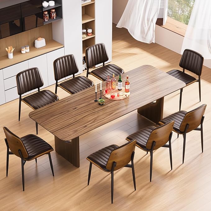 YaFiti Dining Chairs Set of 6, Mid Century Modern Dining Room Kitchen Chairs, Upholstered PU Leather Vertical Stripe Chairs for Vanity with Walnut Bentwood and Metal Legs, Brown