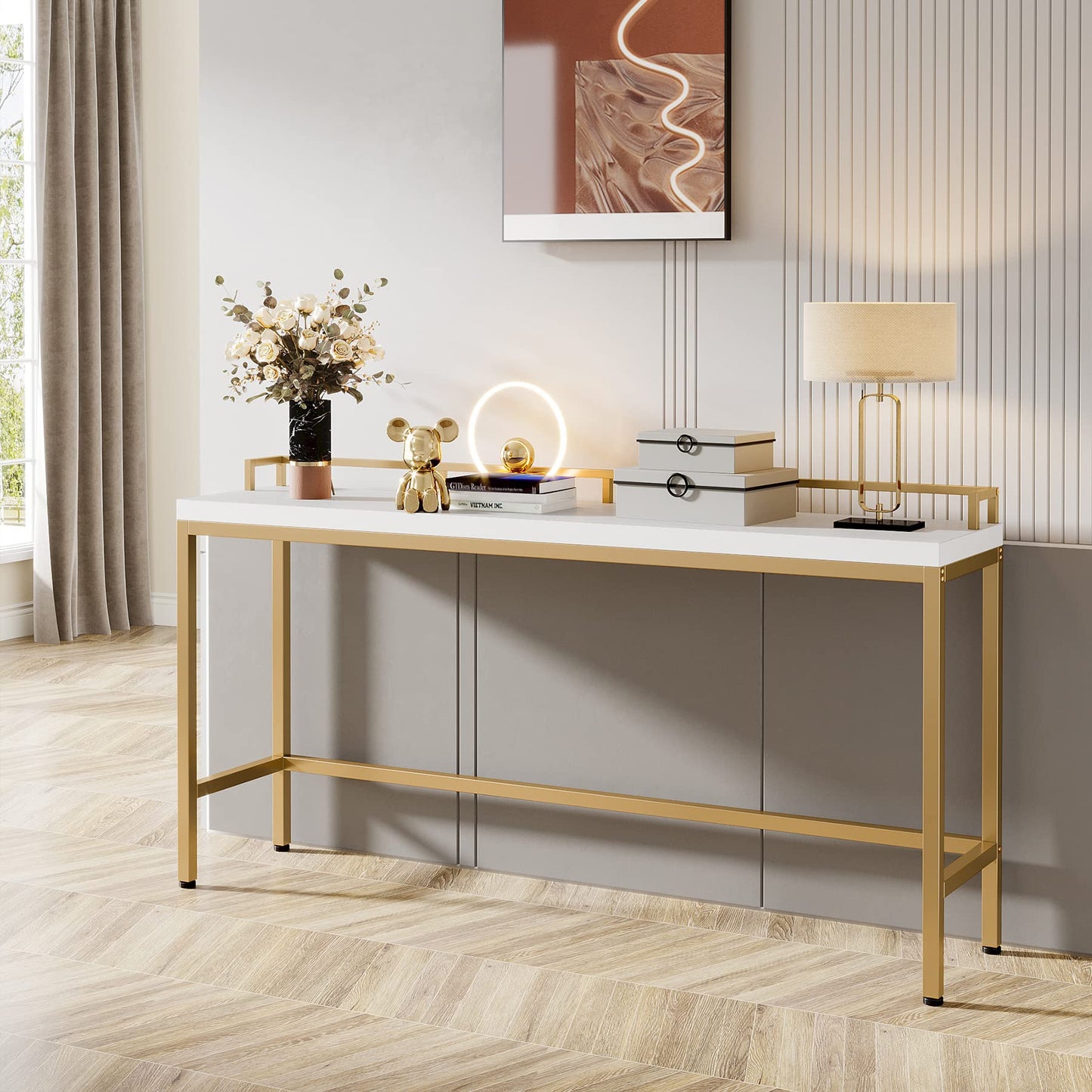 Tribesigns 70.9 inch Extra Long Sofa Table, Narrow Console Table Behind Couch, Modern Entryway Table Skinny Hallway Table for Living Room (White+Gold)