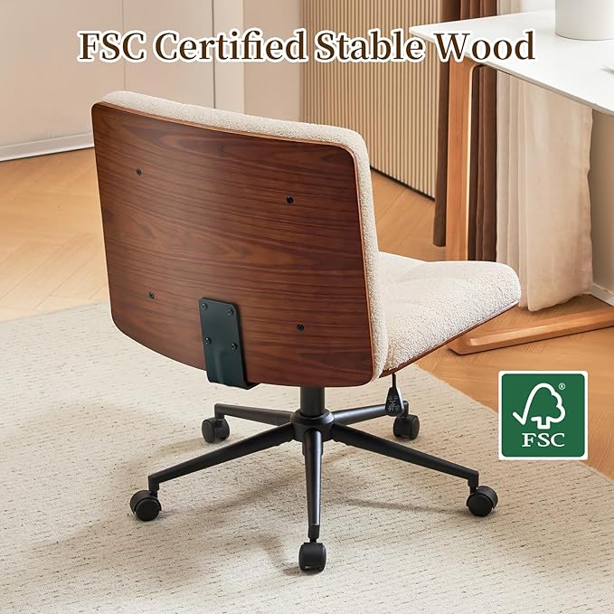 Furnimart FSC Wooden Wide Desk Chair, 360° Swivel Criss Cross Office Chair with Wheels, Comfy Cross Legged Sitting, Armless Rolling Chair for Bedroom, Office, Vanity (Faux Fur White)