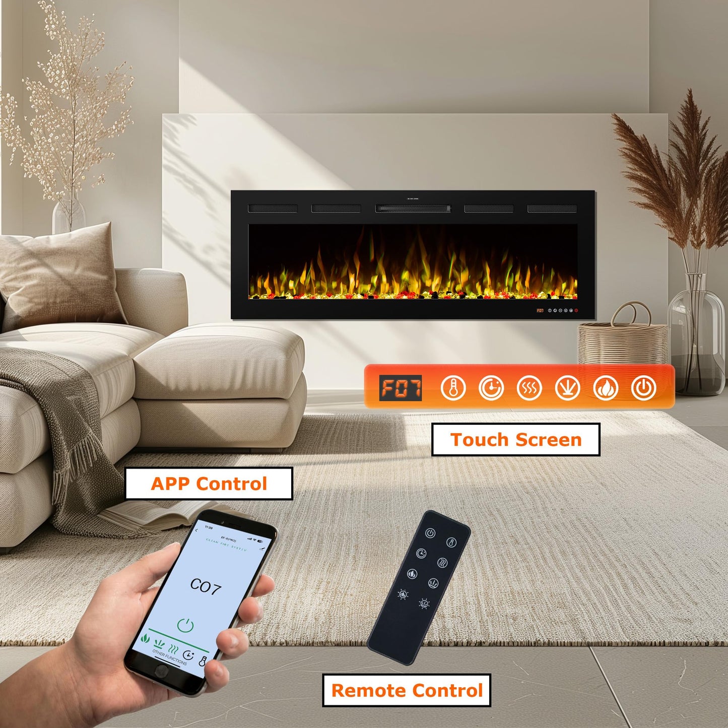 VINEMOUNT 65" Electric Fireplace Insert Recessed & Wall Mounted, Slim Large Screen, 13 Color Cycle Flame, APP& Touch Panel&Remote Control, 750W/1500W, Timer, Overheat Protection