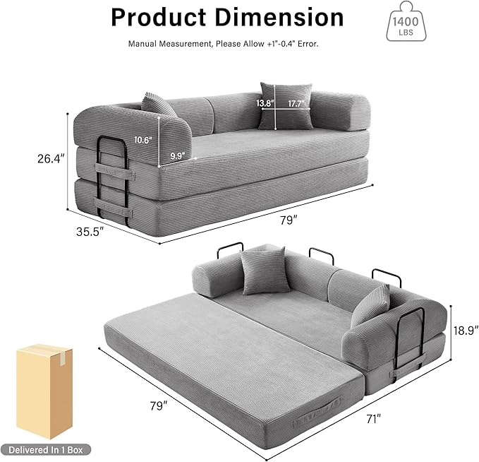 79" 5-in-1 Folding Convertible Sofa Bed, Oversized Corduroy Futon Floor Couch with Pull-Out Sleeper, Modular Boneless Loveseat for Small Spaces, Living Room, Bedroom (Light Grey)