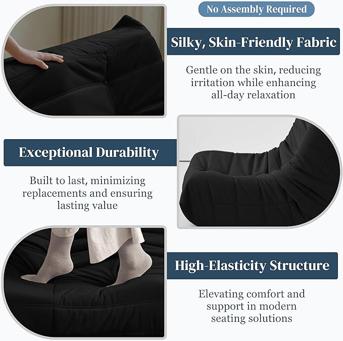 Bean Bag Chair, Fireside Chair Bean Bag Sofa for Adults, Bean Bag Chairs for Teens with High-Resilience Foam, Memory Foam & Non-Slip Base Bean Bag for Living Room, Bedroom, Office (Suede, Black)