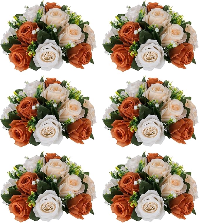 NUPTIO Terracotta Flower Ball Centerpieces: 6 Pcs Artificial Rose Kissing Balls for Wedding Party Tables - Faux Silk Floral Arrangements for Fall Home Thanksgiving Event Dining Decorations