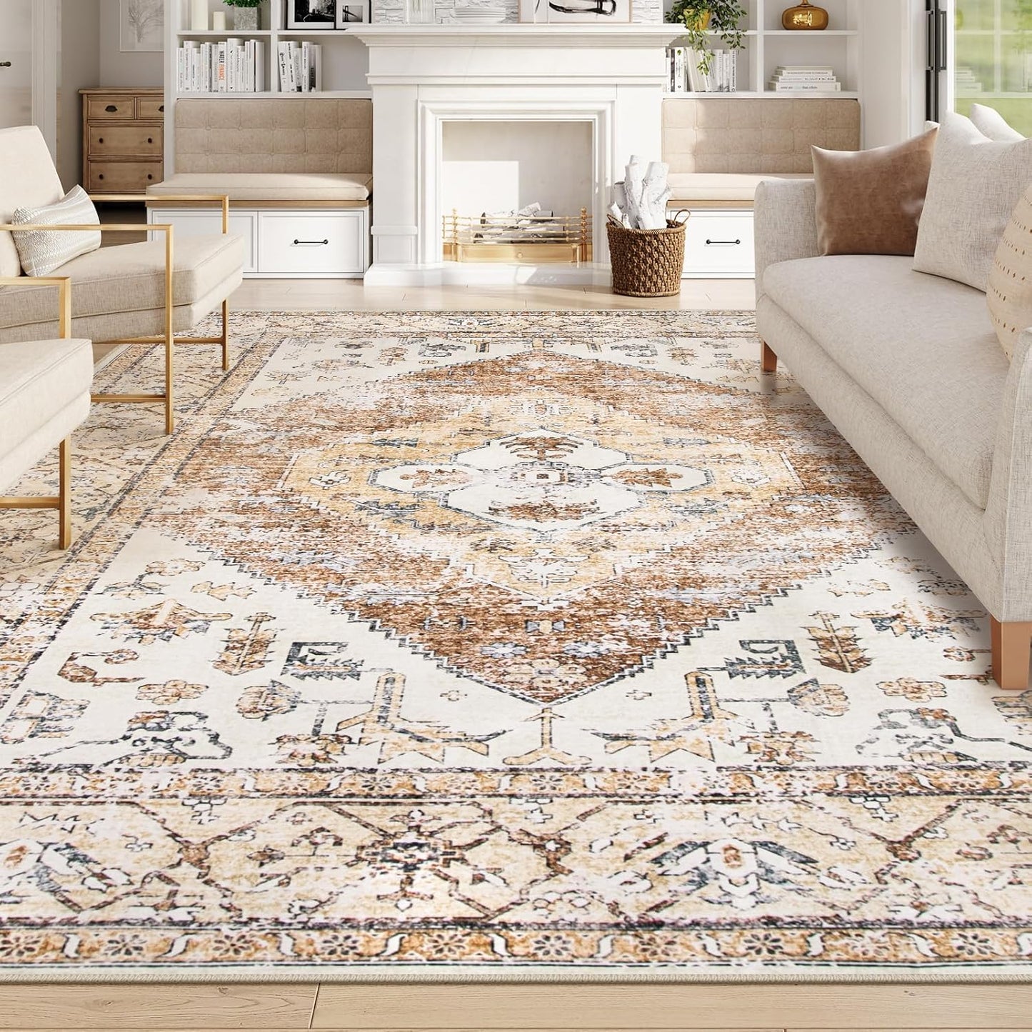 Lahome Washable Living Room Area Rugs 8x10 - Boho Ultra-Thin Non-Slip Bedroom Rug 8x10 Under Bed, Farmhouse Neutral Print Floor Carpet for Dining Room Office (Taupe,8'x10')