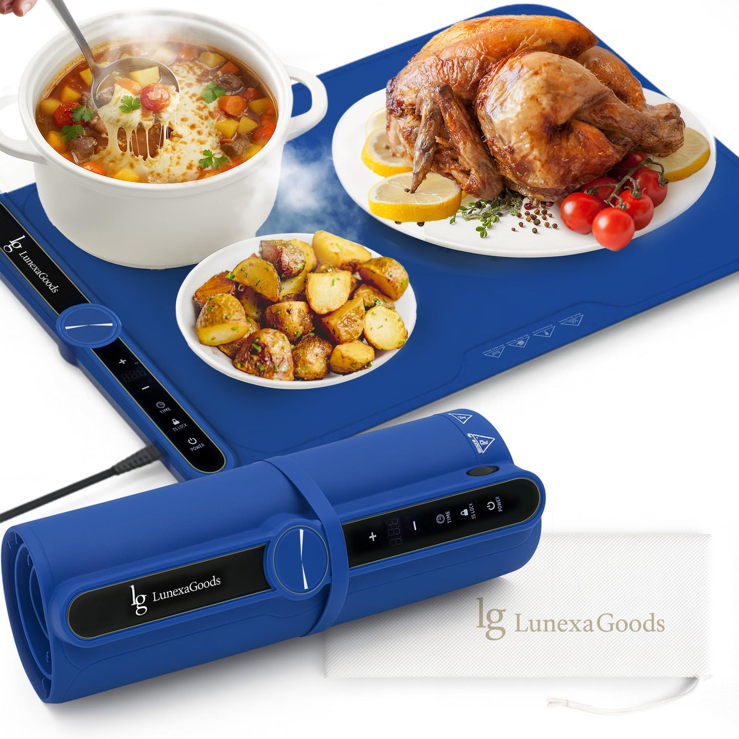 LunexaGoods Food Warming Mat, 9-Temperature Electric Heating Tray with Timer & Safety Lock, Silicone Roll-Up Buffet Warmer for Countertop, Parties, Home & Travel (Blue)
