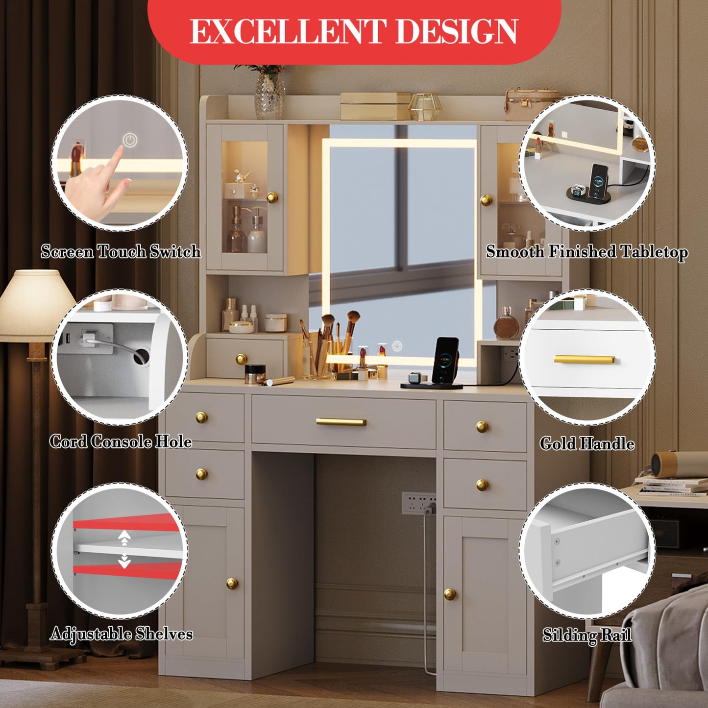 41" Vanity Desk with Mirror and Lights, Makeup Vanity with 6 Drawers, Storage Shelves, RGB Cabinets and 3 Lighting Modes Adjustable Brightness, Dressing Table with Charging Station for Bedroom- White