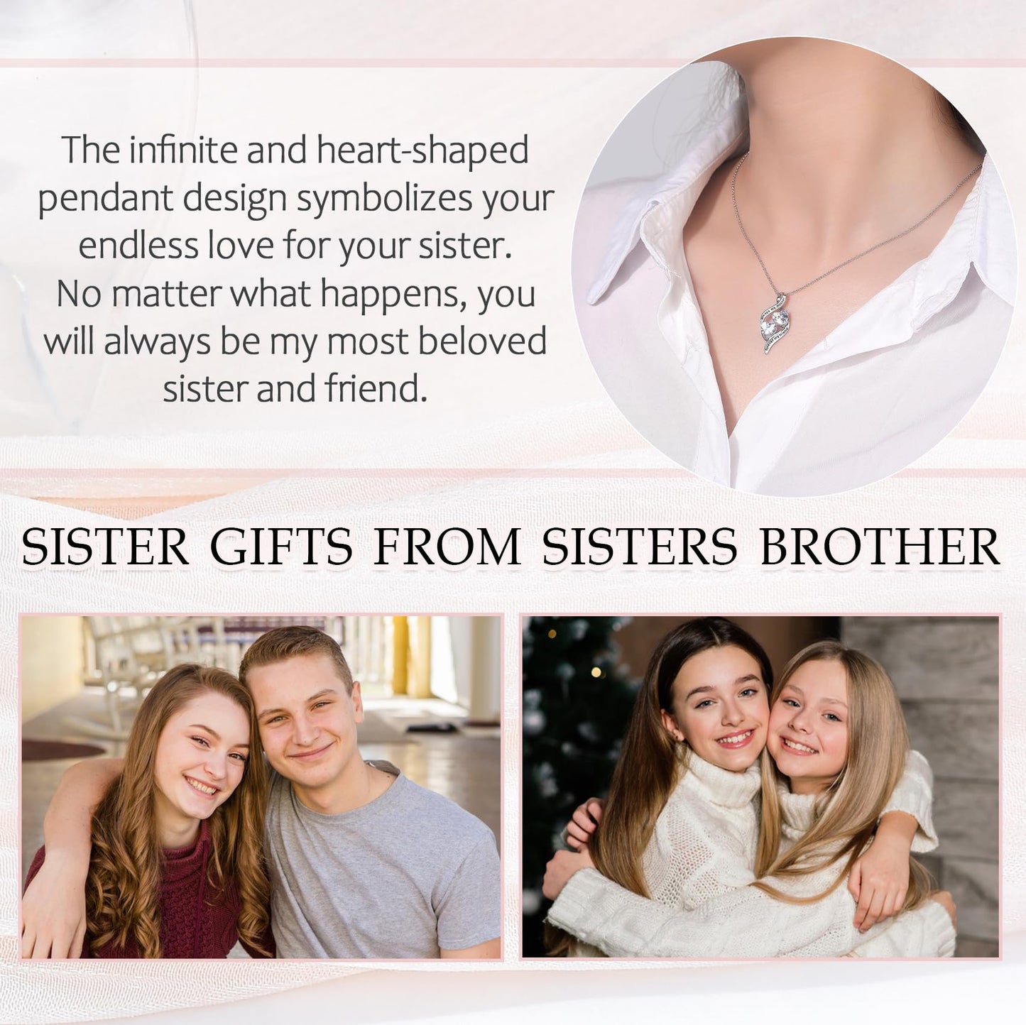 PODLEV Sister Gifts from Sisters Brother, Silver Infinity Double Heart Cubic Zirconia Pendant Charm Necklace for Gifts Women, Birthday Anniversary Graduation Christmas Jewelry Present To My Sister