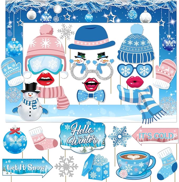Biswiter Winter Photo Booth Props, 26Pcs Winter Wonderland Photo Booth Props with Frame, Winter Wonderland Party Decoratio...