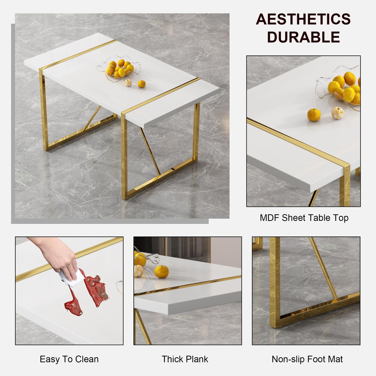 gopop Dining Table Set for 6, Kitchen Table Chairs Set of 6, 55" White High-Gloss Lacquered Tabletop & Electroplated Metal Frame, Modern Kitchen Tables with 6 Chairs for Dining Room