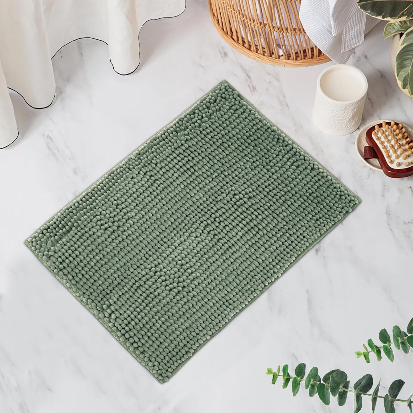 FRESHMINT Chenille Bathroom Rugs Mat 24"x17", Non-Slip Bath Mat for Bathroom Floor & Bathtub, Washable Soft Shower Shag Bath Rugs, Fluffy Thick Water Absorbent Microfiber Shower Mat, Sage Green