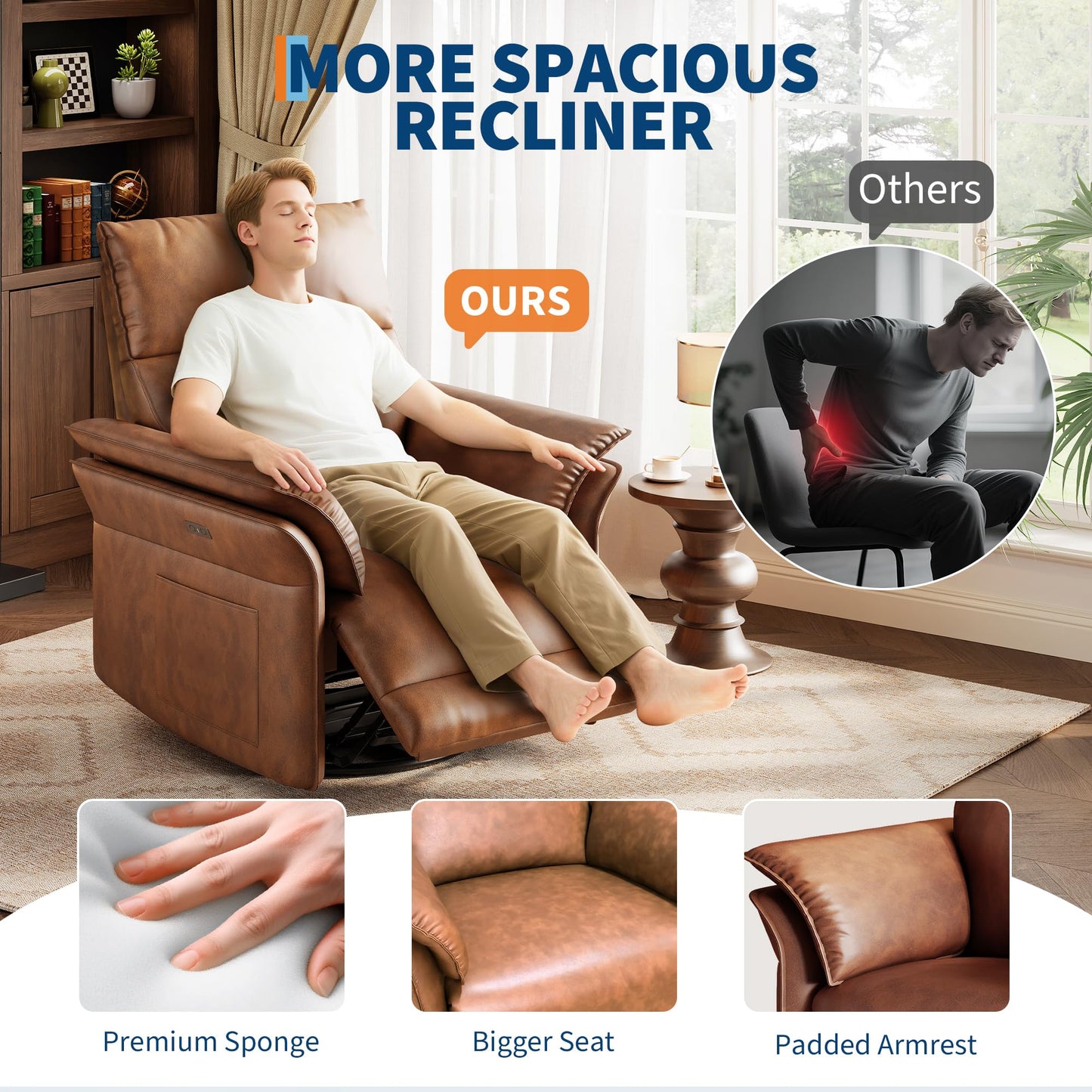 GarveeHome Power Recliner Chair, 270 °Swivel Rocking Glider with USB Charging Port, PU Leather Upholstered Fabric and Double-Layer Armrests, Nursery Chair for Living Room, Nursery (Wanult)