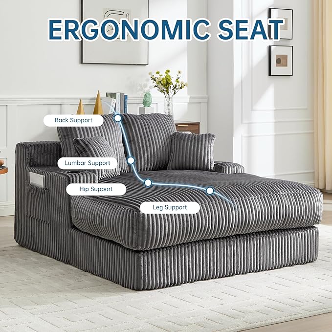 Asukale 60" Oversized Chaise Lounge Chair Indoor, Boneless Cloud Chair Bed with 4 Pillows & Armrests, No Assembly Corduroy Upholstered Sofa for Living Room, Bedroom, Apartment(Dark Grey)