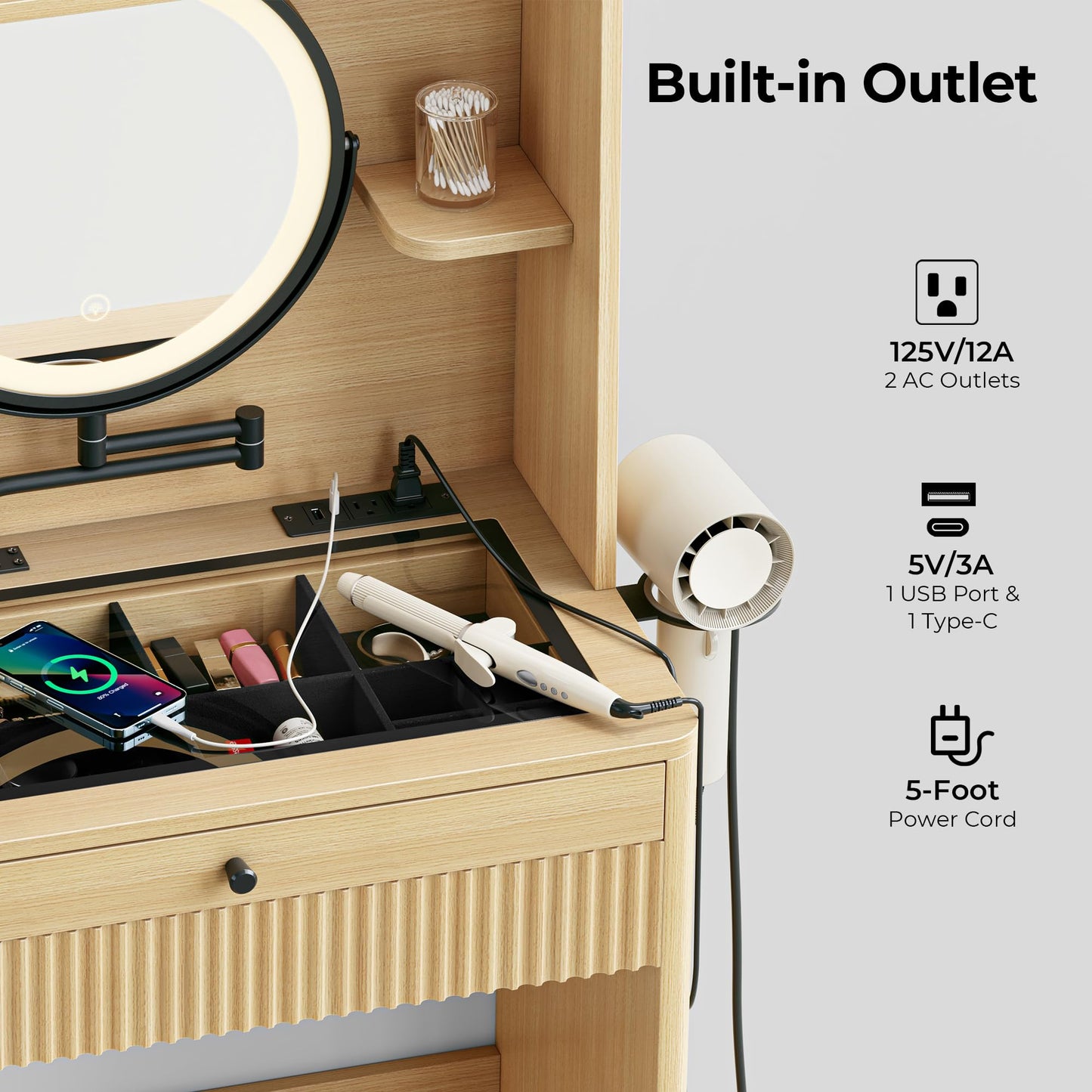 IRONCK Small Vanity Desk with Adjustable Makeup Mirror and LED Lights, Modern Glass Top w/Drawers, Shelves & Hidden Stool Storage, Dressing Table Set w/Charging Station for Bedroom, Oak