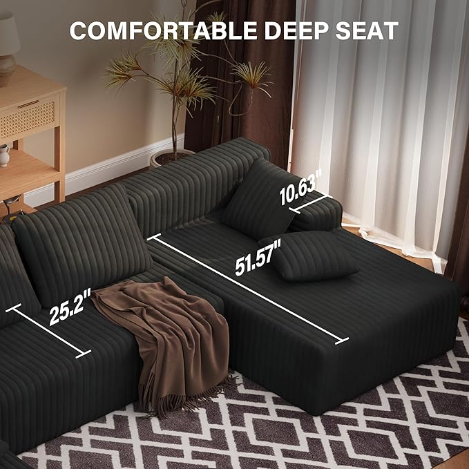 LAUSAINT HOME 132" Modular Sectional Sofa Couches, U-Shaped Boneless Cloud Sofa with 4 Deep Seat, 6 Cushiones Oversized Chaise for Living Room, Bedroom, Plush Corduroy Fabric (U Shaped Sofa, Black)