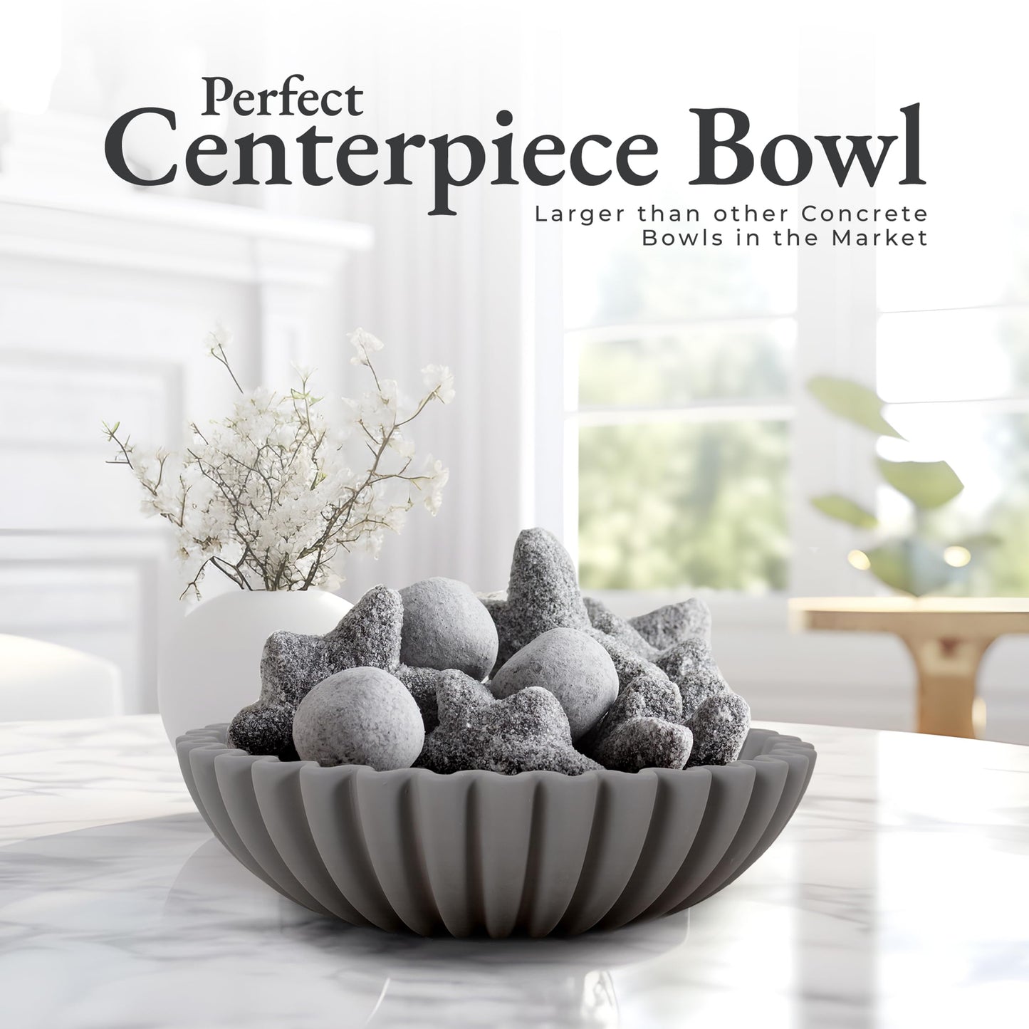 FNTSTICGOODS Large Ruffled Decorative Bowl - 10” Diameter & 3” Height - Handcrafted Concrete Fruit Bowl - Stylish Key Holder for Entry Table