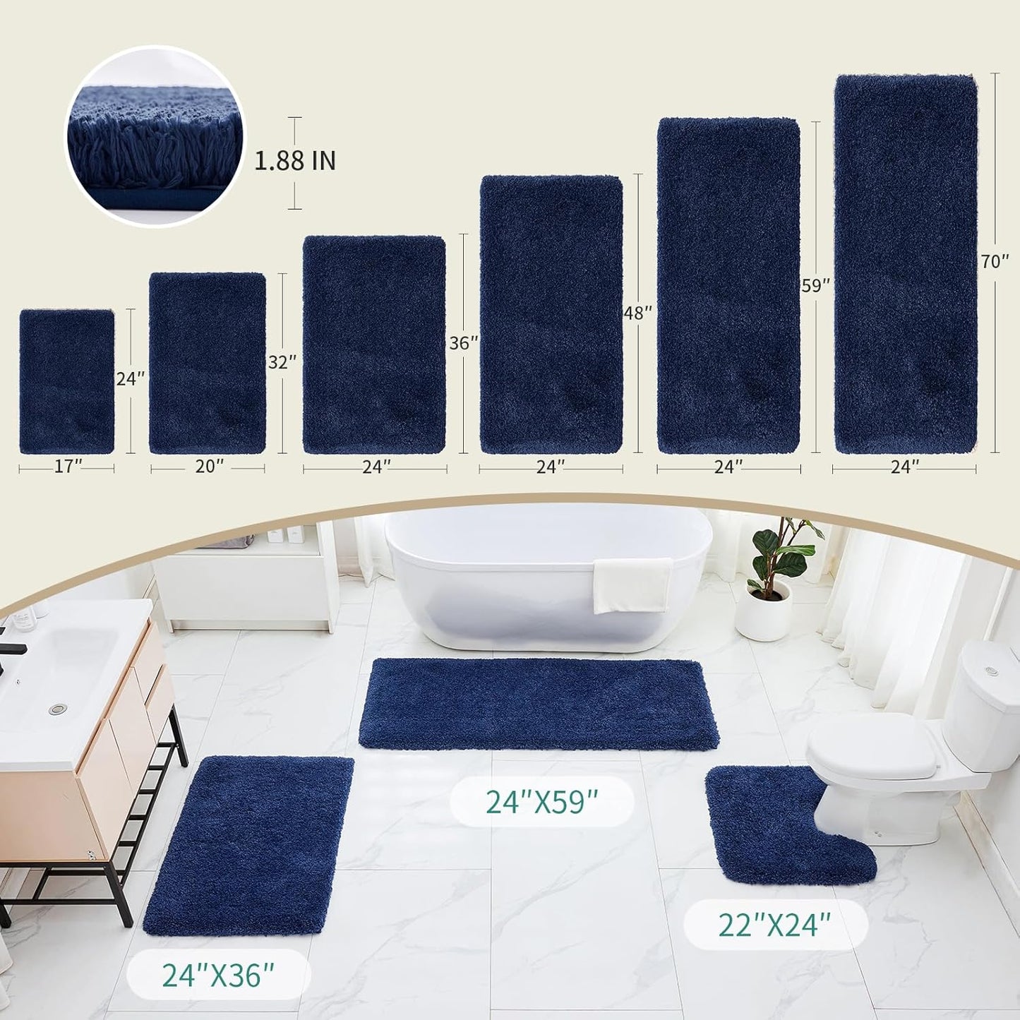 Navy Bathroom Rugs 24x36 Non Slip Fluffy Bath Mat for Bathroom Floor Washable Plush Luxury Bath Rug for Tub Soft Shaggy Absorbent Shower Sink Mat