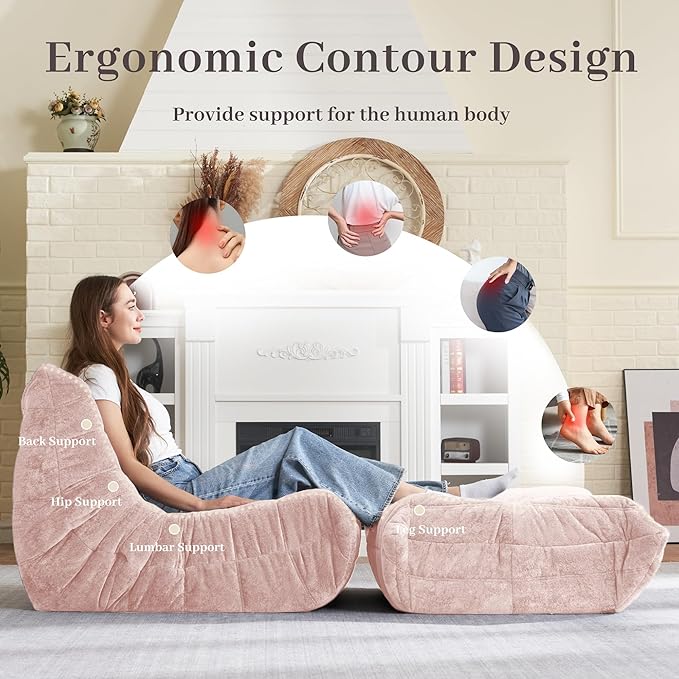 HABUTWAY Bean Bag Ottoman,Foot Rest,Fireside Chair Memory Foam Lazy Bean Bag Sofa for Living Room,Bedroom,Dorm,Office (Ottoman-Pink)