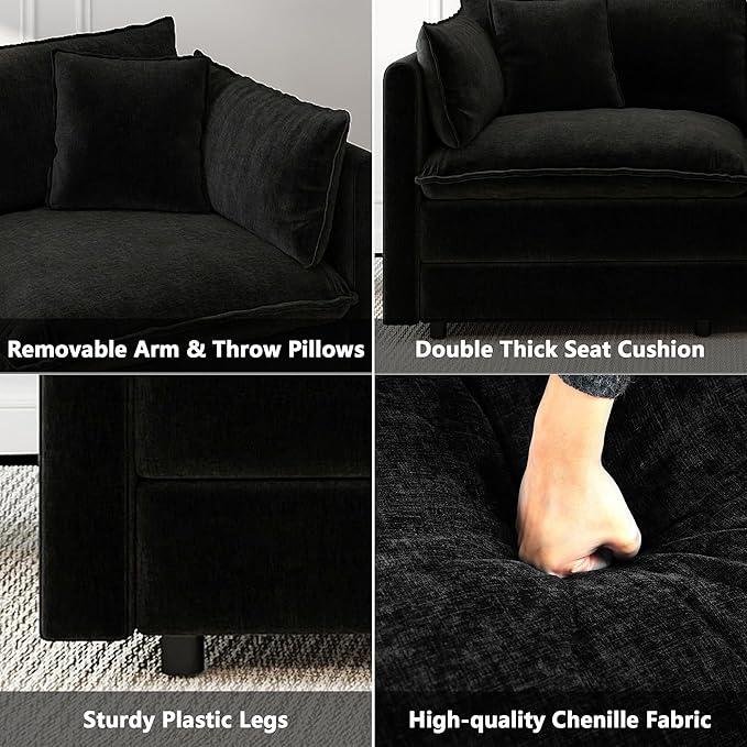 Aoowow Modular Sectional Sofa Modern Convertible Loveseat Couch,77.16 Inch Deep 2-Seater Sofas Comfy Chenille Cloud Sofas and Couches Set with Movable Ottoman for Living Room Apartment（Black）