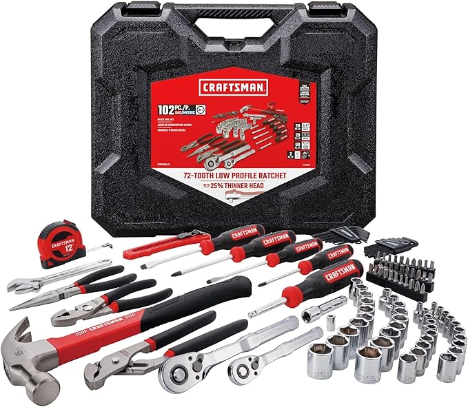 CRAFTSMAN 102-Piece Tool Kit for Home and Car, Durable Hand Tools Set with SAE and Metric Socket Set, Screwdrivers, Wrenc...