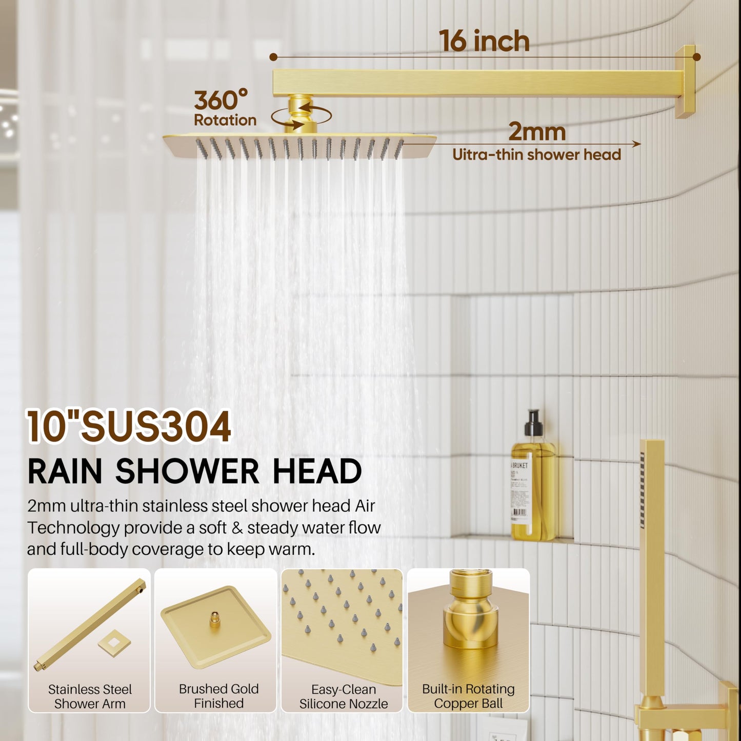 HomGoo Gold Shower System, Shower Faucet Set with 10" Rain Showerhead and Handheld Combo Spray, Bathroom Wall Mounted High Pressure Shower Combo Set Included Valve and Trim, Brushed Gold