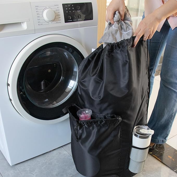 Polecasa Extra Heavy Duty Large Backpack Laundry Bag with Comfortable Padded Shoulder Straps & 4 Pockets, Durable Storage Bags, Drawstring bag for Dorm, College, Travel, Black
