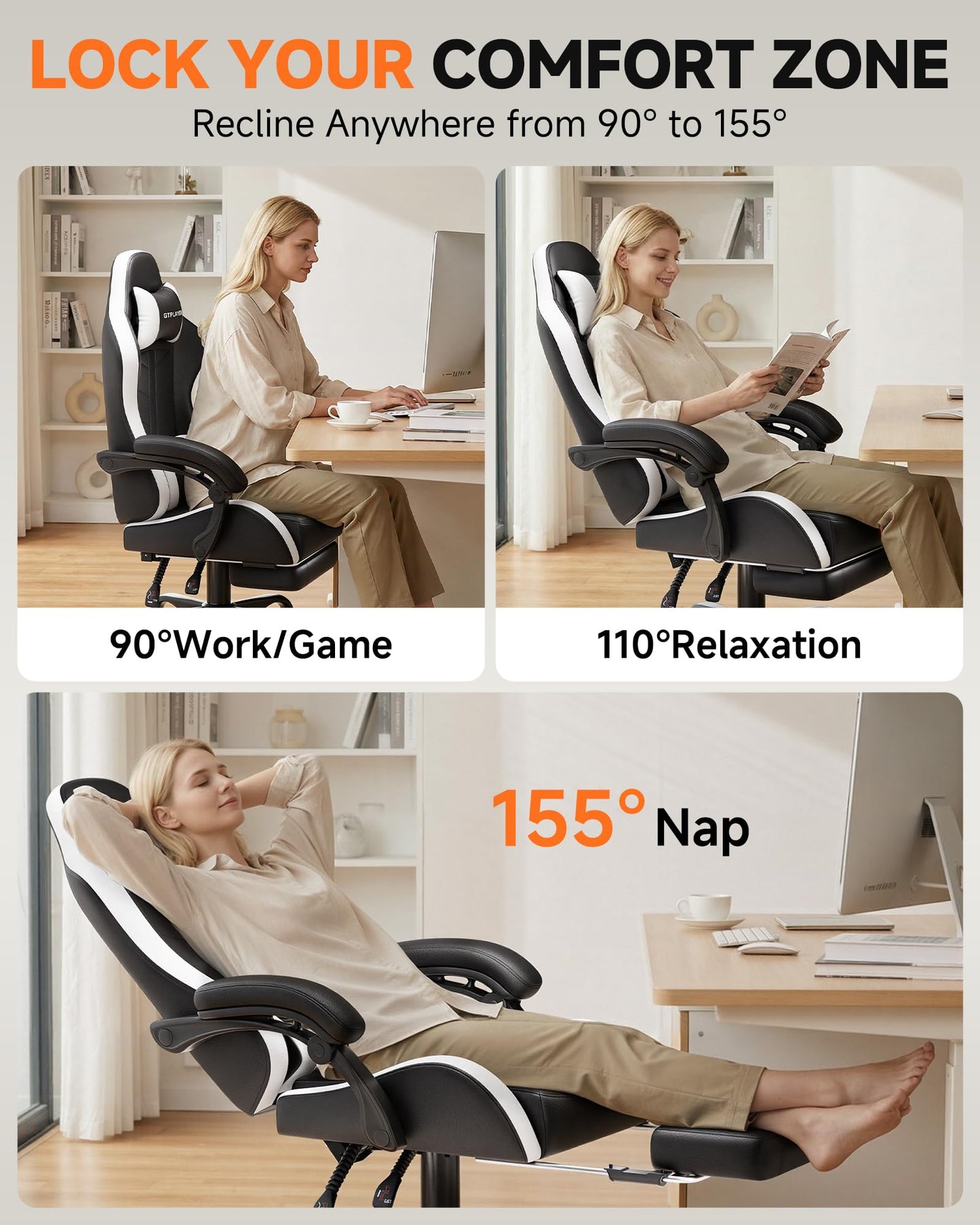 GTPLAYER Gaming Chair, Ergonomic Game Computer Chairs with Foot Rest for Adults, Adjustable PC Game Chair with Reclining Function and Comfortable Headrest for Home and Office Use (White)
