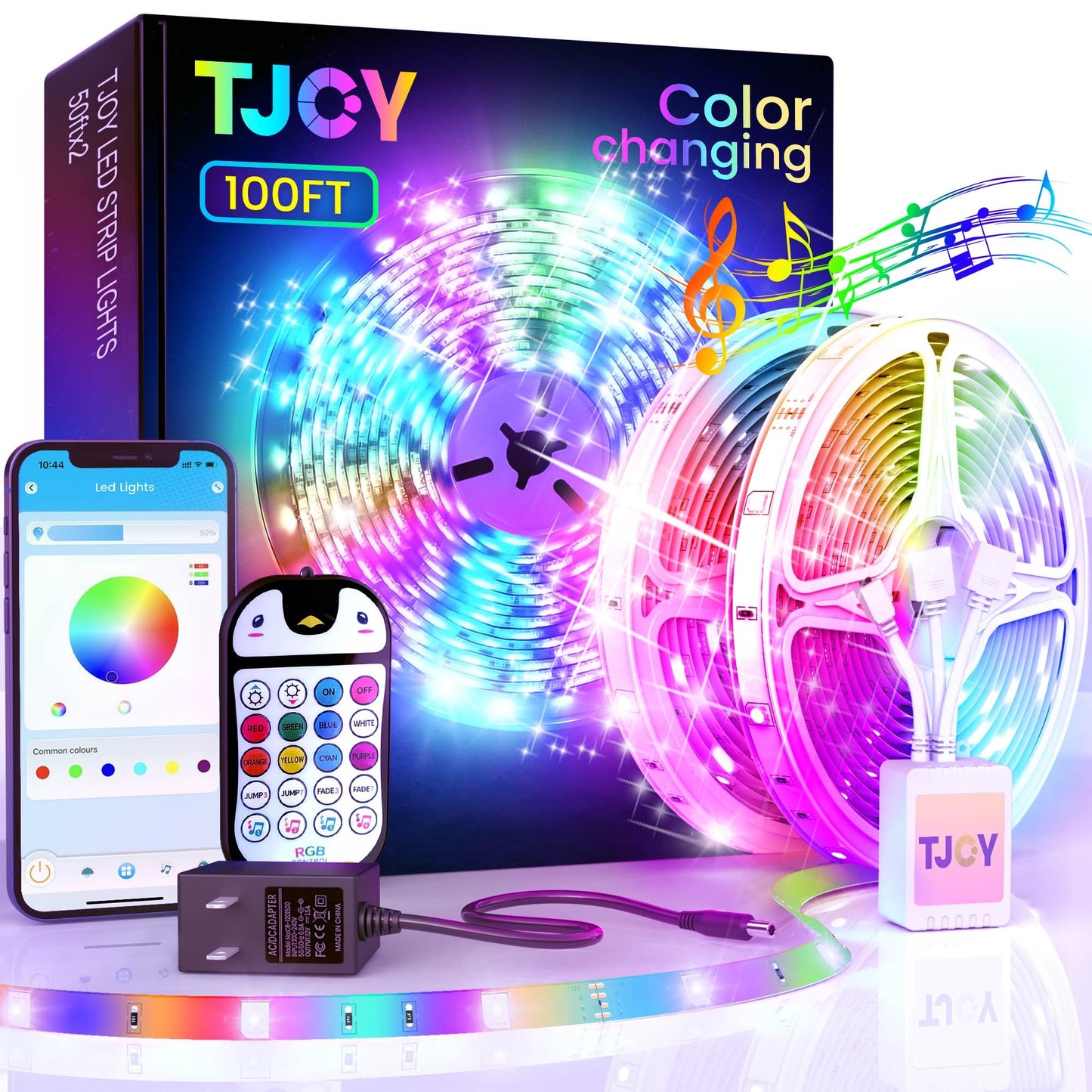 100ft Kids Bluetooth LED Strip Lights, Music Sync LED Light Strip RGB Color Changing Lighting with Penguin Style Remote, APP Control, Smart Lighting for Bedroom, TV, Room DIY (APP+Remote +Mic/50ftx2)
