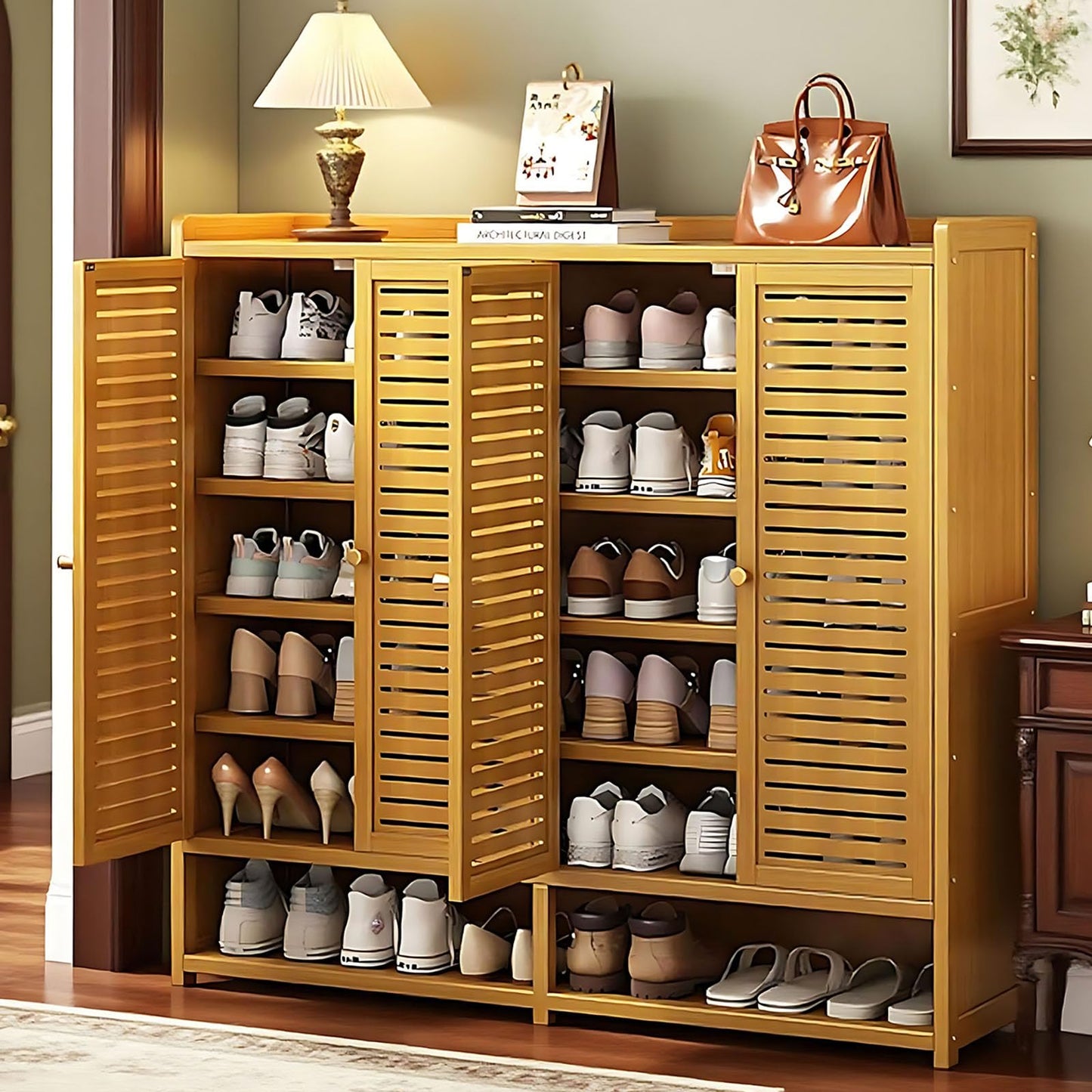 famlycokli 7-Tier Bamboo Shoe Storage Cabinet for Entryway, Shoe Cabinet with Shutter Doors, 36-40 Pairs Freestanding Shoe Rack Organizer, Shoe Organizer with Adjustable Shelves for Hallway, Closet