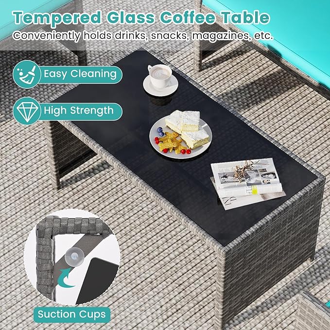 Tangkula 4 Piece Patio Wicker Furniture Set, Outdoor Heavy Duty Rattan Cushioned Chairs, Loveseat and Tempered Glass Coffee Table, for Backyard, Balcony, Poolside