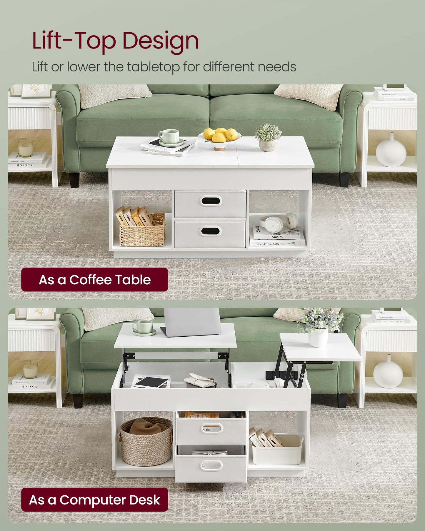 VASAGLE Coffee Table, Lift Top Coffee Table with 2 Drawers and Hidden Compartments, Center Table with Lift Tabletop, Open Compartments, for Living Room, Home Office, Snow White ULCT210W01