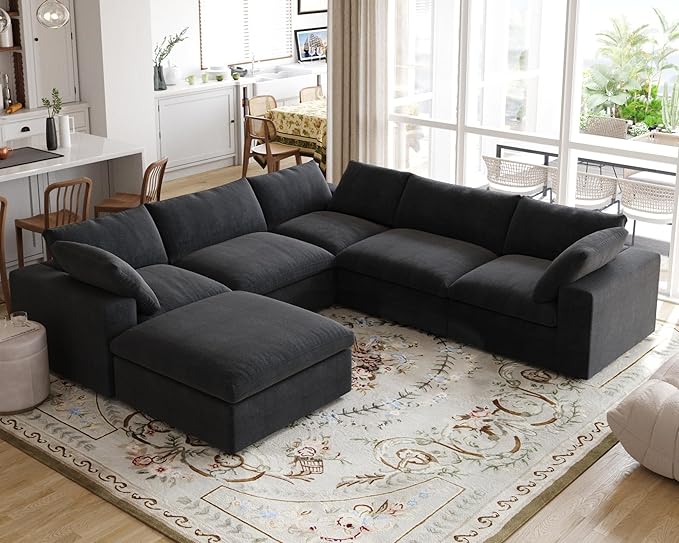 160.6'' Cloud Modular Sectional Sofa,Down Filled Comfort V Shaped Sofa Couch for Living Room,Minimalist Wide Deep Seat Convertible Couches for Office Apartment,4 Seater & 1 Corner+1 Ottoman (Black)