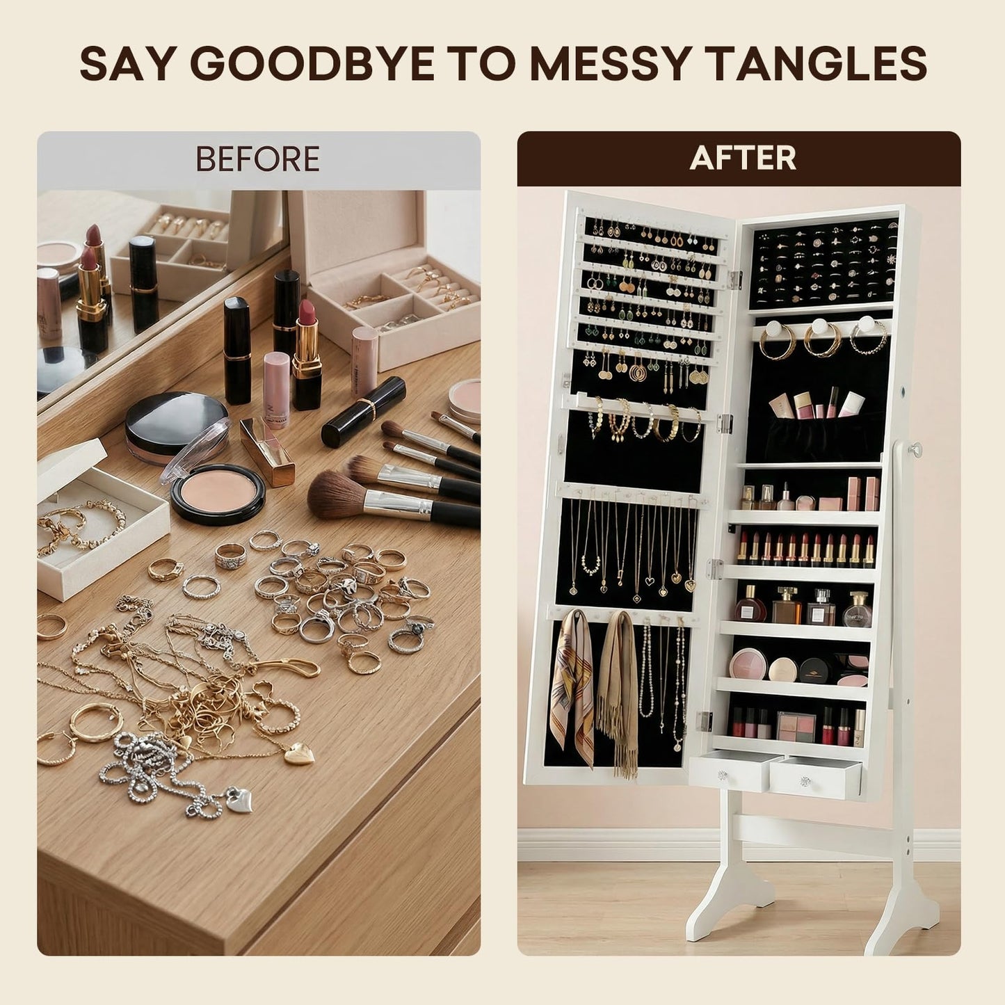 Antok Jewelry Cabinet with Full Length Mirror & Large Storage - 61" Standing Lockable Armoire Organizer, Floor to Ceiling Model for Bedroom or Dressing Room, White