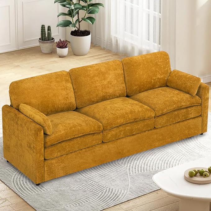 ACMEASE 89” Chenille Sofa w/Arm Pillows, Upholstered 3-Seater Sofa w/Comfortable Back Cushions, Modern 3 Seats Couch w/High-Density Foam for Living Room, Apartment, Office, Yellow