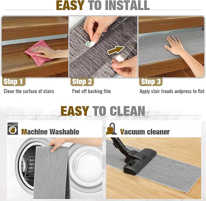 Stair Treads Non Slip for Wooden Steps Indoor 9" x 36" 4 Pack Extra Wide Stair Tread Carpet Stairs Runner, Step Pads with Reusable Adhesive for Dogs Kids Elders, Machine Washable, Light Grey