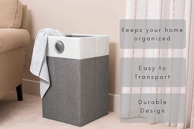 BIRDROCK HOME Folding Cloth Laundry Hamper with Handles - Dirty Clothes Sorter - Easy Storage - Collapsible - Grey and White