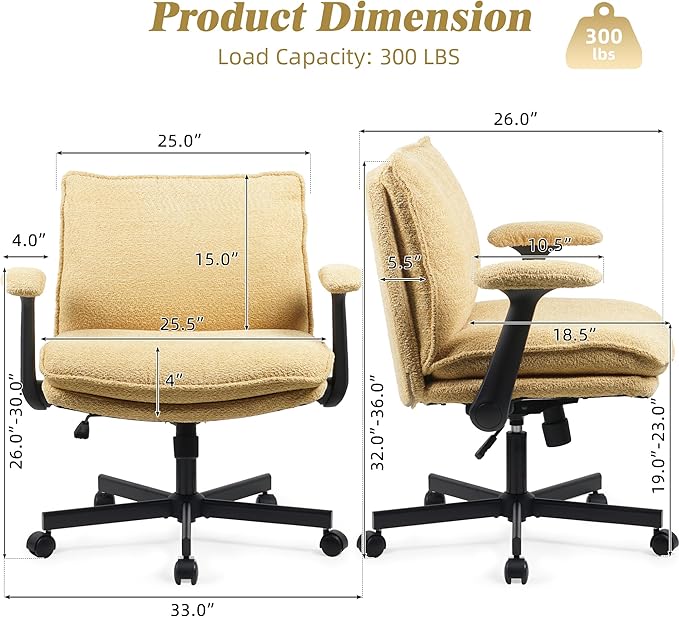 Kassipo Criss Cross Legged Office Chair with Wheels and Flip-Up Arms, Upholstered Criss Cross Desk Chair, Wide Seat Chairs for Home Office, Vanity, Apartment, Yellow