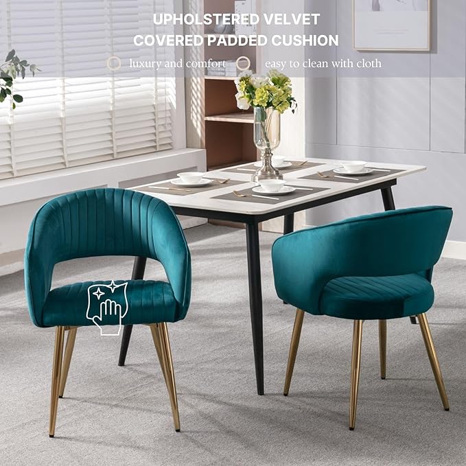 COMULER Teal Velvet Dining Chairs Gold Legs, Modern Dining Room Chairs with Arms Set of 2 Upholstered Accent Chair Armchair with Barrel Back for Kitchen Living Room