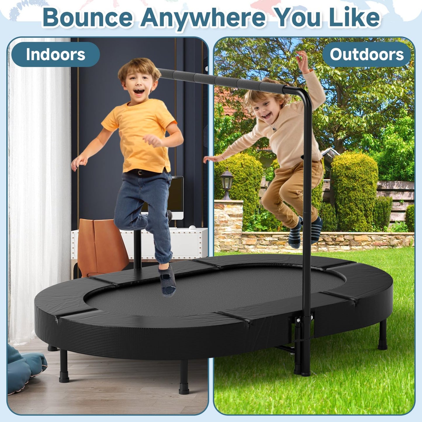 Kiivakii 36"x56" Indoor Trampoline for Kids, Foldable Trampolines with Adjustable Handle, Double Trampolines for Boy and Girl, Kids Exercise Trampoline, Black