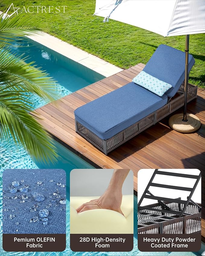 ACTREST Luxury Outdoor Chaise Lounges with 5 Inch Thickened Cushions - Set of 4 High Back Brown Wicker Patio Recliners Rattan Reclining Chairs Porch Poolside Pool Sunbathing Lounger - Navy Blue