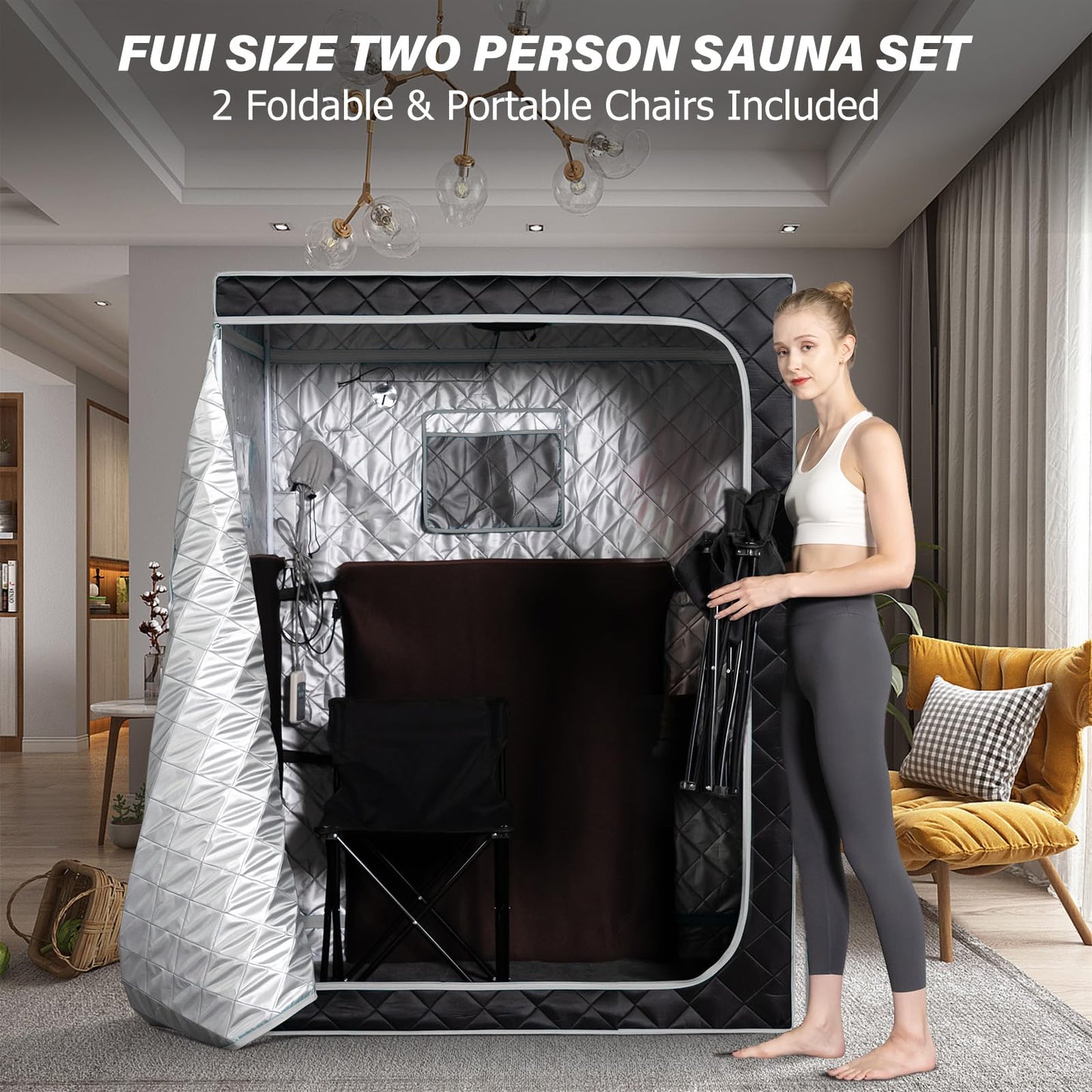 Full Size Two Person Far Infrared Sauna with Ice Bath Tub, Portable Home SPA with Time & Temperature Remote, Chairs, Light, Oversized 2 Person Privacy Saunas, Portable XL Large Cold Plunge Tub