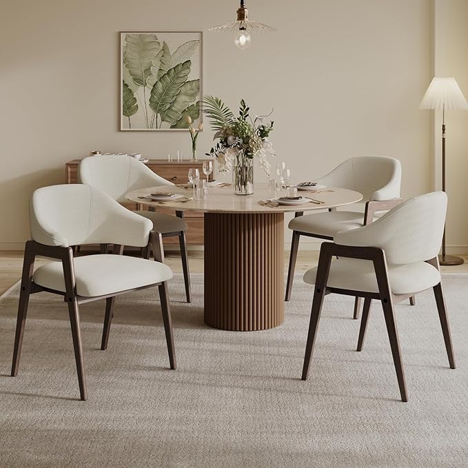 MALOL Wooden Dining Chairs Set of 4, Modern Fabric Upholstered Dining Room Chair, Kitchen Side Chairs, Farmhouse Dinner Chair with Curved Open Back for Kitchen, Beige