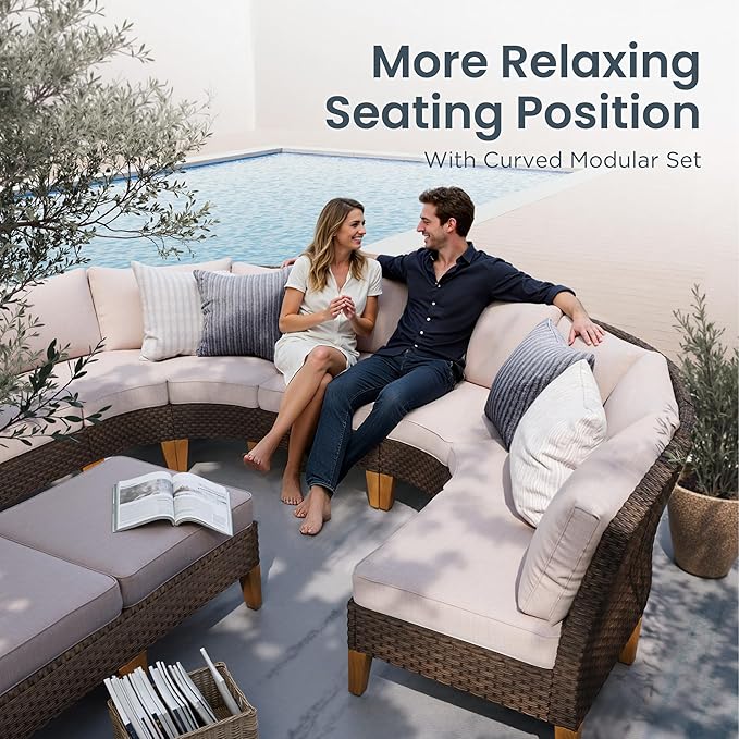 PHI VILLA 7-Piece Wicker Patio Furniture Set, Outdoor Half-Moon Curved Sectional Sofa with Thick Beige Cushions, 2 Ottomans, 2 Single Seats, Large Conversation Seating for Garden or Backyard