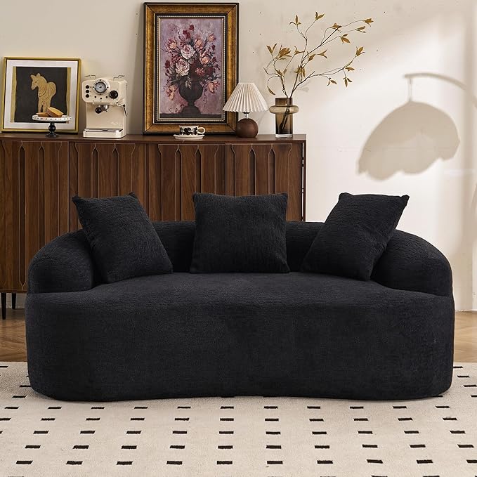 65'' Modern Curved Cloud Loveseat Sectional Sofa for Small Spaces, Luxury Plush Chenille Deep Seat Couch with 3 Pillows, No Assembly Needed Apartment Living Room Furniture, Coral