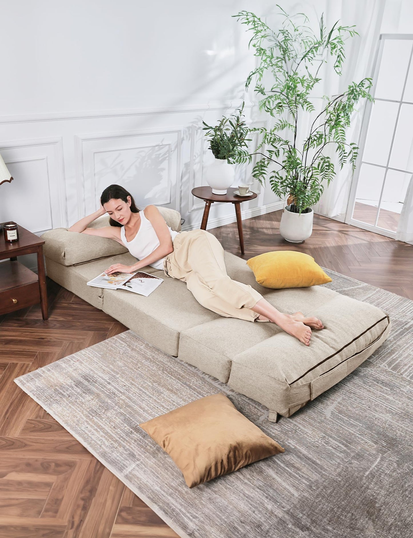 ZonLi Folding Sofa Bed,Convertible Futon Sofa Bed Mattress Sleeper Chair Single Size,Memory Foam Futon Sofa Couch with Washable Cover,for Living Room,Dorm (Beige, Single)