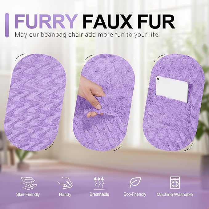 5FT Bean Bag Chair,Giant Bean Bag Chairs for Adults,Big Bean Bags with Memory Foam Filled, Large Beanbag Chairs with Chevron Plush Cover-Purple