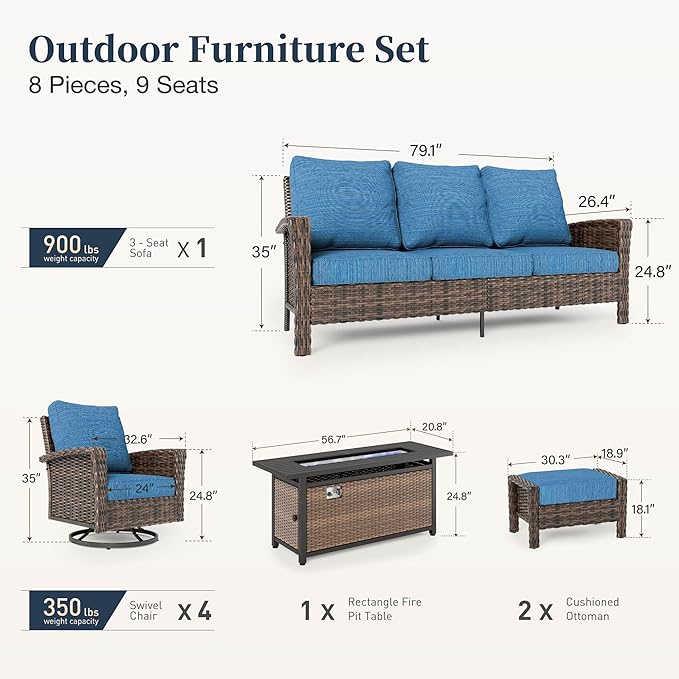 Patio Furniture Set with Swivel Chairs, High Back Wicker Rattan Furniture with 5.5" Thick Cushions, Fire Pit Table and Ottomans, All Weather Outdoor Conversation Set for Backyard Deck,9 Seats, Blue